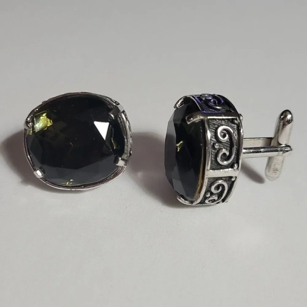 Swank Men's Silvertone Round Green Stone Cufflinks